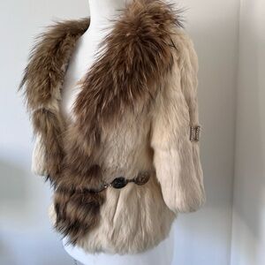 Oasis Real Rabbit & Tanuki Fur Cropped Jacket with Rhinestone Details | Size S